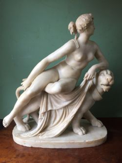 C19TH ITALIAN CARVED ALABASTER SCULPTURE "ARIADNE ON THE PANTHER" AFTER HEINRICH DANNECKER C19TH ITALIAN CARVED ALABASTER SCULPTURE "ARIADNE ON THE PANTHER" AFTER HEINRICH DANNECKER.